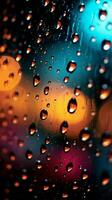 nätter abstrakt fönster se suddig lampor, färgrik regndroppar, fascinerande bakgrund vertikal mobil tapet ai genererad foto