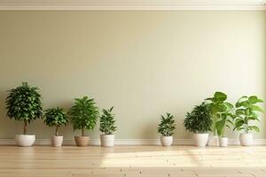3d framställa av en levande rum interiör med växter i krukor. ai genererad foto