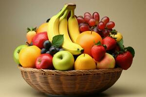 ett sortiment av frukt anordnad i en korg på en mjuk färgad bakgrund ai genererad foto