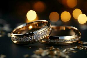 närbild av bröllop ringar med silver- och guld på glittrande bokeh ai genererad foto