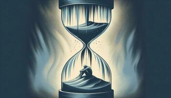 ett illustration skildrar en figur instängd inuti ett timglas, symboliserar de överväldigande vikt av tid och känslor. ai generativ foto