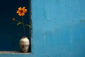 blå platt vägg med blomma på de sida ai generativ foto