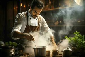 manlig kock matlagning på restaurang ai generativ foto