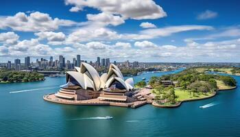 sydney, ny söder Wales, Australien, 2023 - opera hus dagsljus ljus blå himmel antenn se landskap konst Centrum Australien hamn ai genererad foto