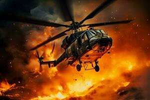 militär helikopter brand episk spel. generera ai foto