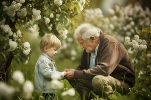 farfar och barnbarn i trädgård. generera ai foto
