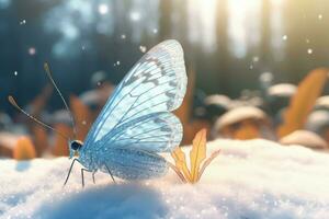 blå fjäril på snöig is. generera ai foto