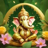 golden-matel-murti-ganesh-inidan-gud-natt-bhind-och-alpa-och-blomma-inne-månen-natt-form ai illustration av ganesha hindu Gud, med blommor, olja målning tagen upp in i himmel, Sammanträde i främre foto