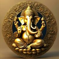 golden-matel-murti-ganesh-inidan-gud-natt-bhind-och-alpa-och-blomma-inne-månen-natt-form ai illustration av ganesha hindu Gud, med blommor, olja målning tagen upp in i himmel, Sammanträde i främre foto