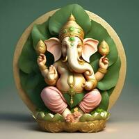 golden-matel-murti-ganesh-inidan-gud-natt-bhind-och-alpa-och-blomma-inne-månen-natt-form ai illustration av ganesha hindu Gud, med blommor, olja målning tagen upp in i himmel, Sammanträde i främre foto