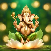 golden-matel-murti-ganesh-inidan-gud-natt-bhind-och-alpa-och-blomma-inne-månen-natt-form ai illustration av ganesha hindu Gud, med blommor, olja målning tagen upp in i himmel, Sammanträde i främre foto