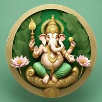 golden-matel-murti-ganesh-inidan-gud-natt-bhind-och-alpa-och-blomma-inne-månen-natt-form ai illustration av ganesha hindu Gud, med blommor, olja målning tagen upp in i himmel, Sammanträde i främre foto