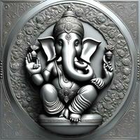 golden-matel-murti-ganesh-inidan-gud-natt-bhind-och-alpa-och-blomma-inne-månen-natt-form ai illustration av ganesha hindu Gud, med blommor, olja målning tagen upp in i himmel, Sammanträde i främre foto