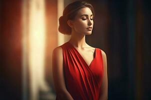 kvinna bär röd elegant klänning. generera ai foto