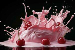 skummande körsbär yoghurt mjölk stänk. generera ai foto