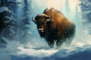 vild bison snö skog. generera ai foto