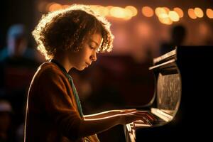 ung musiker på piano instrument. generera ai foto