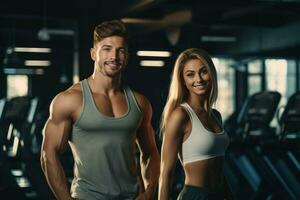 ung tränare och kvinna leende engagerad i Gym. generera ai foto