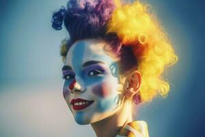 flicka Lycklig clown porträtt leende. generera ai foto