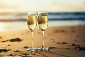 solkysst champagne glasögon strand. generera ai foto