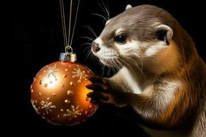 lekfull ny år utter interagera med en skinande jul struntsak isolerat på en lutning bakgrund foto