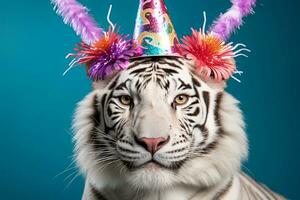 ny år vit bengal tiger med en krans krage och festlig randig fest hatt isolerat på en lutning bakgrund foto