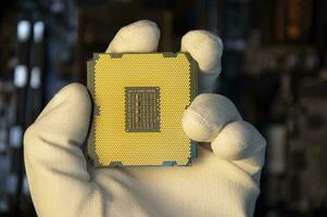 topp se av tekniker montera cpu chip på moderkort, cpu chip dess de hjärna del av de dator. foto