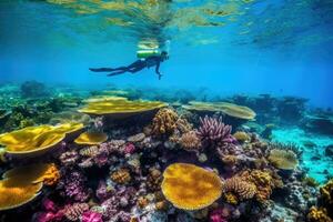 förtjusande korall rev - vibrerande hav liv och färgrik formationer i under vattnet fotografi med hög kontrast och under vattnet belysning. - ai genererad foto