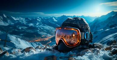 glasögon för alpina skidåkning, åka snowboard och vinter- sporter - ai genererad bild foto