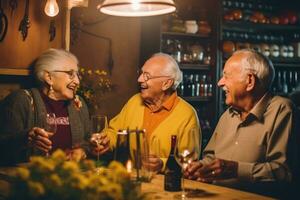 mysigt vin provsmakning med 60-åringar i vagt belyst källare - kodak portra 400 filma - ai genererad foto