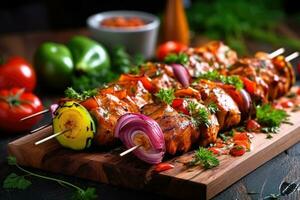 njuta av de smak - förkolnade bbq kyckling kebab på en grillspett med färsk grönsaker - ai genererad foto