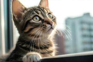 livsstil sötnos - en nyfiken kattunge i mjuk fokus urban miljö - ai genererad foto