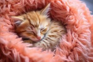 sömnig fluffig kattunge ringlad upp på mjuk filt på Hem - närbild djur- Foto för avslappning - ai genererad