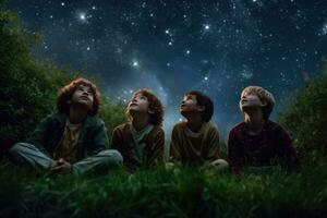 barn av olika bakgrunder blick i undra på starry natt himmel i utomhus- fantasi scen - ai genererad foto