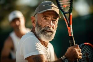 de intensiv spel - medelålders män slåss den ut på de tennis domstol - ai genererad foto