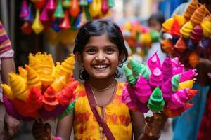 färgrik koner - en närbild av en barnets lycka på de is grädde affär - ai genererad foto