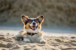 lekfull hund i solglasögon avkopplande på sandig strand - uppriktig livsstil sällskapsdjur fotografi - ai genererad foto