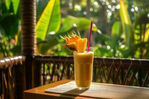 smuttar på lugn - en färgrik smoothie i en lugn utomhus- Kafé - ai genererad foto