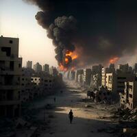 förstörd stad bakgrund, krig sluta, ai genererad. foto