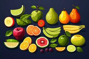 en samling av blandad frukt i öga fångst platt Färg design ai genererad foto