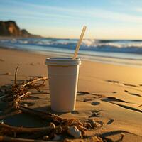 kust kaffe salighet vit kopp, svart sugrör på sandig strand på soluppgång eller solnedgång för social media posta storlek ai genererad foto