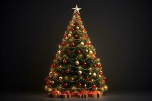 3d återges jul träd Utsmyckad med gåvor på isolerat svart bakgrund ai generativ foto