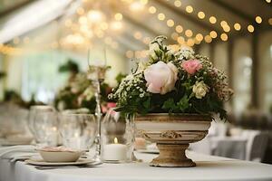 blommor dekorerad tabell i en hall beredd för en ceremoni, ai generativ foto