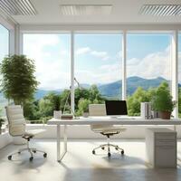 3d återges vit kontor tabell stol och bärbar dator pc modern interiör ai generativ foto