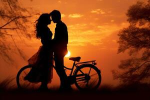 silhuett av par i kärlek kissing i solnedgång. par i kärlek begrepp. ai generativ foto