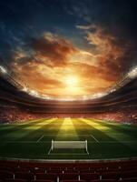 upplyst fotboll stadion på natt ai generativ foto