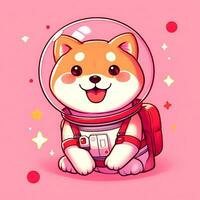 en söt Lycklig shiba inu astronaut på en rosa bakgrund, digital konst foto