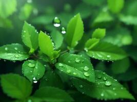 vatten droppar på grön blad. generera förbi ai foto
