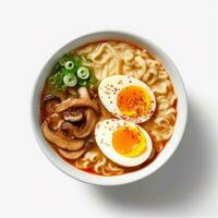 miso Ramen platt lägga på vit bakgrund ai genererad foto