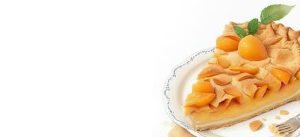 en bit av aprikos paj på en tallrik på en vit bakgrund, frukt paj, hemlagad kakor, topp se, matlagning och recept foto